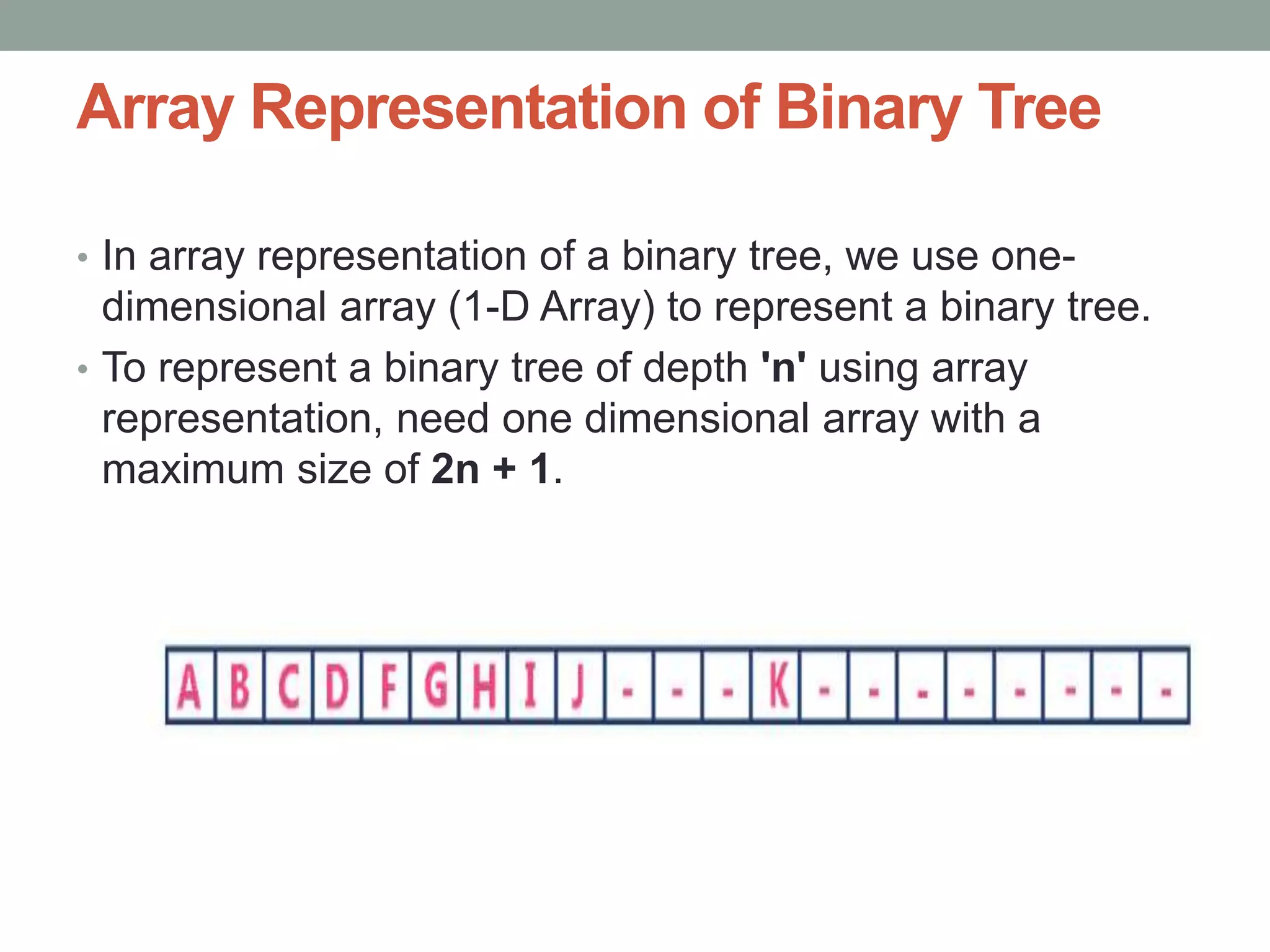 Array Representation of Binary Tree
• In array representation of a binary tree, we use one-
dimensional array (1-D Array) to represent a binary tree.
• To represent a binary tree of depth 'n' using array
representation, need one dimensional array with a
maximum size of 2n + 1.
 