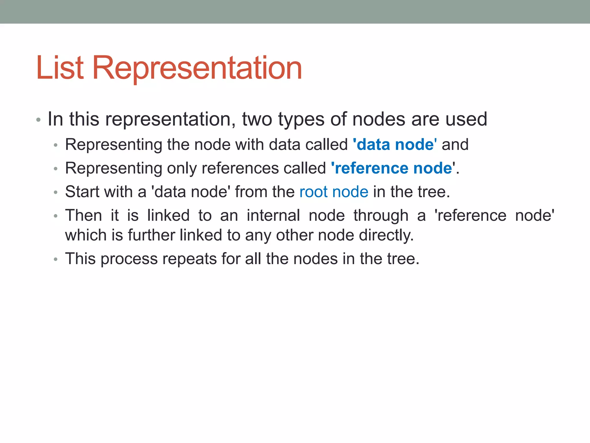 List Representation
• In this representation, two types of nodes are used
• Representing the node with data called 'data node' and
• Representing only references called 'reference node'.
• Start with a 'data node' from the root node in the tree.
• Then it is linked to an internal node through a 'reference node'
which is further linked to any other node directly.
• This process repeats for all the nodes in the tree.
 