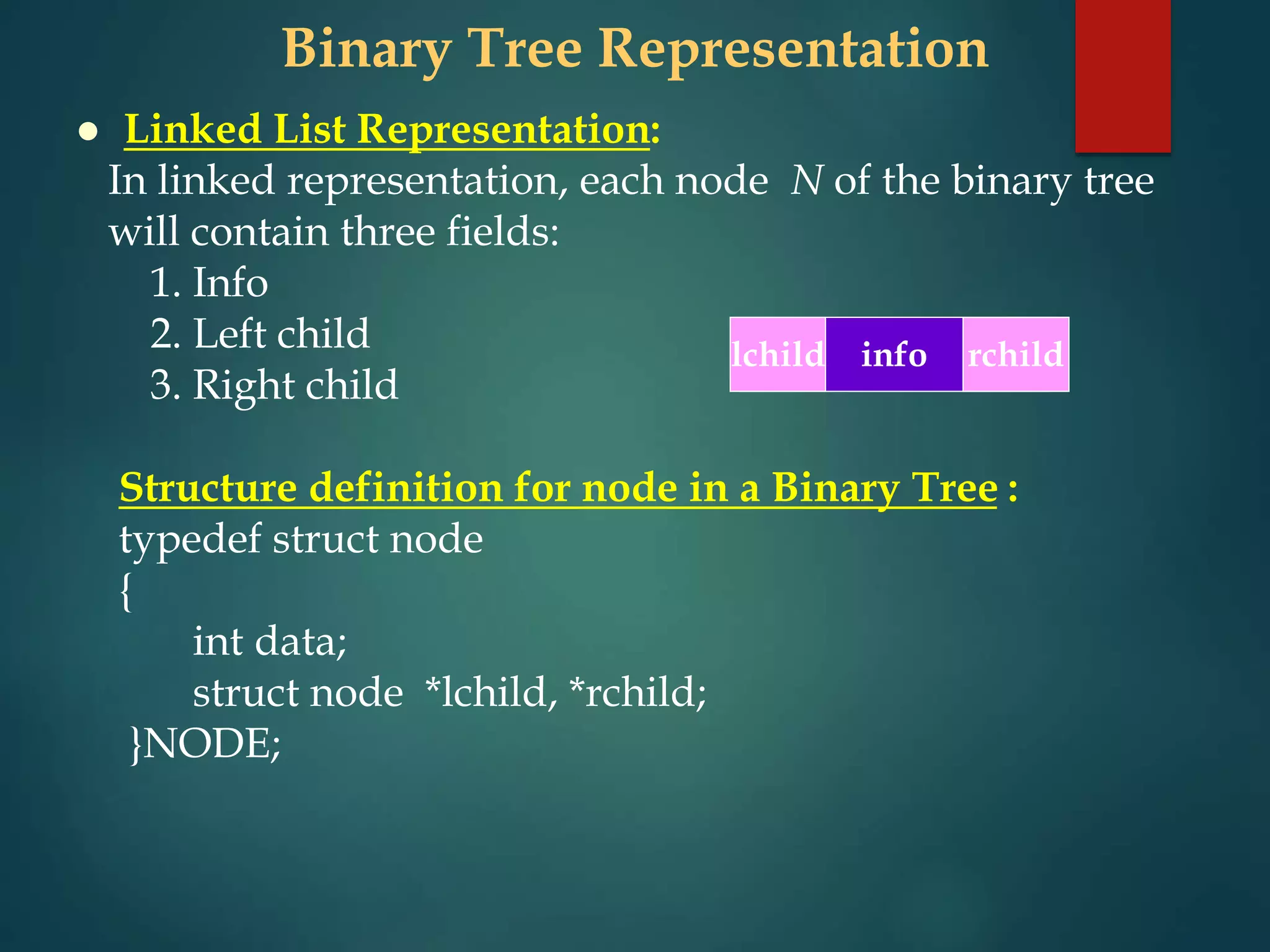 Binary Tree Representation
 Linked List Representation:
In linked representation, each node N of the binary tree
will contain three fields:
1. Info
2. Left child
3. Right child
Structure definition for node in a Binary Tree :
typedef struct node
{
int data;
struct node *lchild, *rchild;
}NODE;
info
lchild rchild
 