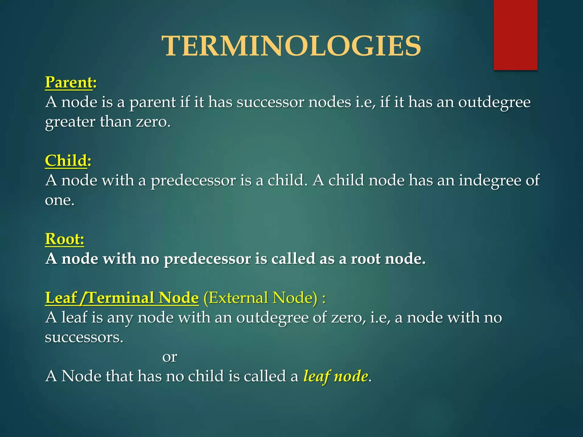 TERMINOLOGIES
Parent:
A node is a parent if it has successor nodes i.e, if it has an outdegree
greater than zero.
Child:
A node with a predecessor is a child. A child node has an indegree of
one.
Root:
A node with no predecessor is called as a root node.
Leaf /Terminal Node (External Node) :
A leaf is any node with an outdegree of zero, i.e, a node with no
successors.
or
A Node that has no child is called a leaf node.
 