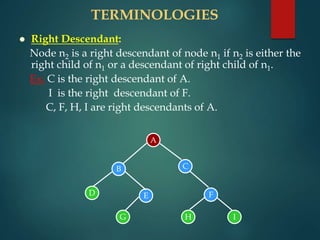TERMINOLOGIES
 Right Descendant:
Node n2 is a right descendant of node n1 if n2 is either the
right child of n1 or a descendant of right child of n1.
Ex: C is the right descendant of A.
I is the right descendant of F.
C, F, H, I are right descendants of A.
A
B C
D E F
G H I
 