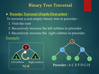 Binary Tree Traversal
 Preorder Traversal (Depth-First order) :
To traverse a non-empty binary tree in preorder :
1. Visit the root
2. Recursively traverse the left subtree in preorder
3. Recursively traverse the right subtree in preorder.
Example:
H
G
Preorder : A C E F D G H
F
E
A
C D
1
2 3
Left subtree Right subtree
NLR
 