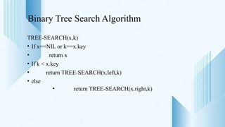 Binary Tree Search Algorithm
TREE-SEARCH(x,k)
• If x==NIL or k==x.key
• return x
• If k < x.key
• return TREE-SEARCH(x.left,k)
• else
• return TREE-SEARCH(x.right,k)
 