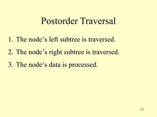 23
Postorder Traversal
1. The node’s left subtree is traversed.
2. The node’s right subtree is traversed.
3. The node’s data is processed.
 