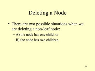 35
Deleting a Node
• There are two possible situations when we
are deleting a non-leaf node:
– A) the node has one child, or
– B) the node has two children.
 