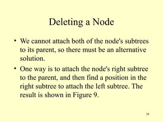 39
Deleting a Node
• We cannot attach both of the node's subtrees
to its parent, so there must be an alternative
solution.
• One way is to attach the node's right subtree
to the parent, and then find a position in the
right subtree to attach the left subtree. The
result is shown in Figure 9.
 