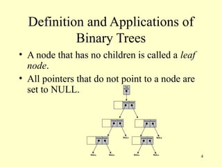 4
Definition and Applications of
Binary Trees
• A node that has no children is called a leaf
node.
• All pointers that do not point to a node are
set to NULL.
 