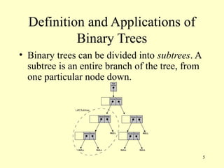 5
Definition and Applications of
Binary Trees
• Binary trees can be divided into subtrees. A
subtree is an entire branch of the tree, from
one particular node down.
 