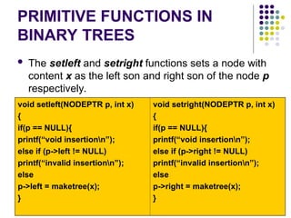 PRIMITIVE FUNCTIONS IN
BINARY TREES
 The setleft and setright functions sets a node with
content x as the left son and right son of the node p
respectively.
void setleft(NODEPTR p, int x)
{
if(p == NULL){
printf(“void insertionn”);
else if (p->left != NULL)
printf(“invalid insertionn”);
else
p->left = maketree(x);
}
void setright(NODEPTR p, int x)
{
if(p == NULL){
printf(“void insertionn”);
else if (p->right != NULL)
printf(“invalid insertionn”);
else
p->right = maketree(x);
}
 
