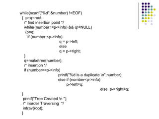 while(scanf("%d",&number) !=EOF)
{ p=q=root;
/* find insertion point */
while((number !=p->info) && q!=NULL)
{p=q;
if (number <p->info)
q = p->left;
else
q = p->right;
}
q=maketree(number);
/* insertion */
if (number==p->info)
printf("%d is a duplicate n",number);
else if (number<p->info)
p->left=q;
else p->right=q;
}
printf("Tree Created n ");
/* inorder Traversing */
intrav(root);
}
 
