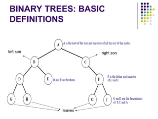 BINARY TREES: BASIC
DEFINITIONS
leaves
left son right son
 