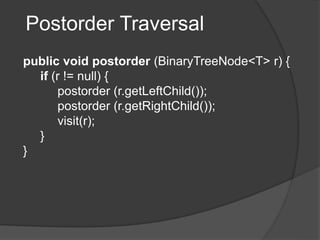 Postorder Traversal
public void postorder (BinaryTreeNode<T> r) {
if (r != null) {
postorder (r.getLeftChild());
postorder (r.getRightChild());
visit(r);
}
}
 