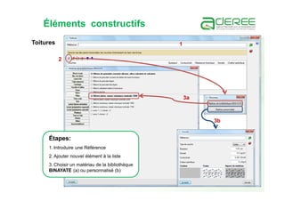 Éléments constructifs
1
2
3a
3b
Toitures
Étapes:
1. Introduire une Référence
2. Ajouter nouvel élément à la liste
3. Choisir un matériau de la bibliothèque
BINAYATE (a) ou personnalisé (b)
 