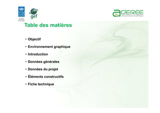 Table des matières
• Objectif
• Environnement graphique
• Introduction
• Données générales
• Données du projet
• Éléments constructifs
• Fiche technique
 