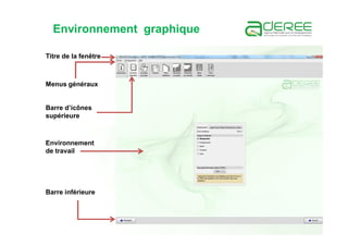 Environnement graphique
Barre d’icônes
supérieure
Barre inférieure
Titre de la fenêtre
Menus généraux
Environnement
de travail
 