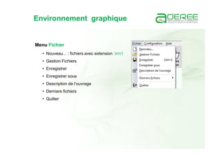 Environnement graphique
Menu Fichier
• Nouveau... : fichiers avec extension .trm1
• Gestion Fichiers
• Enregistrer
• Enregistrer sous
• Description de l’ouvrage
• Derniers fichiers
• Quitter
 