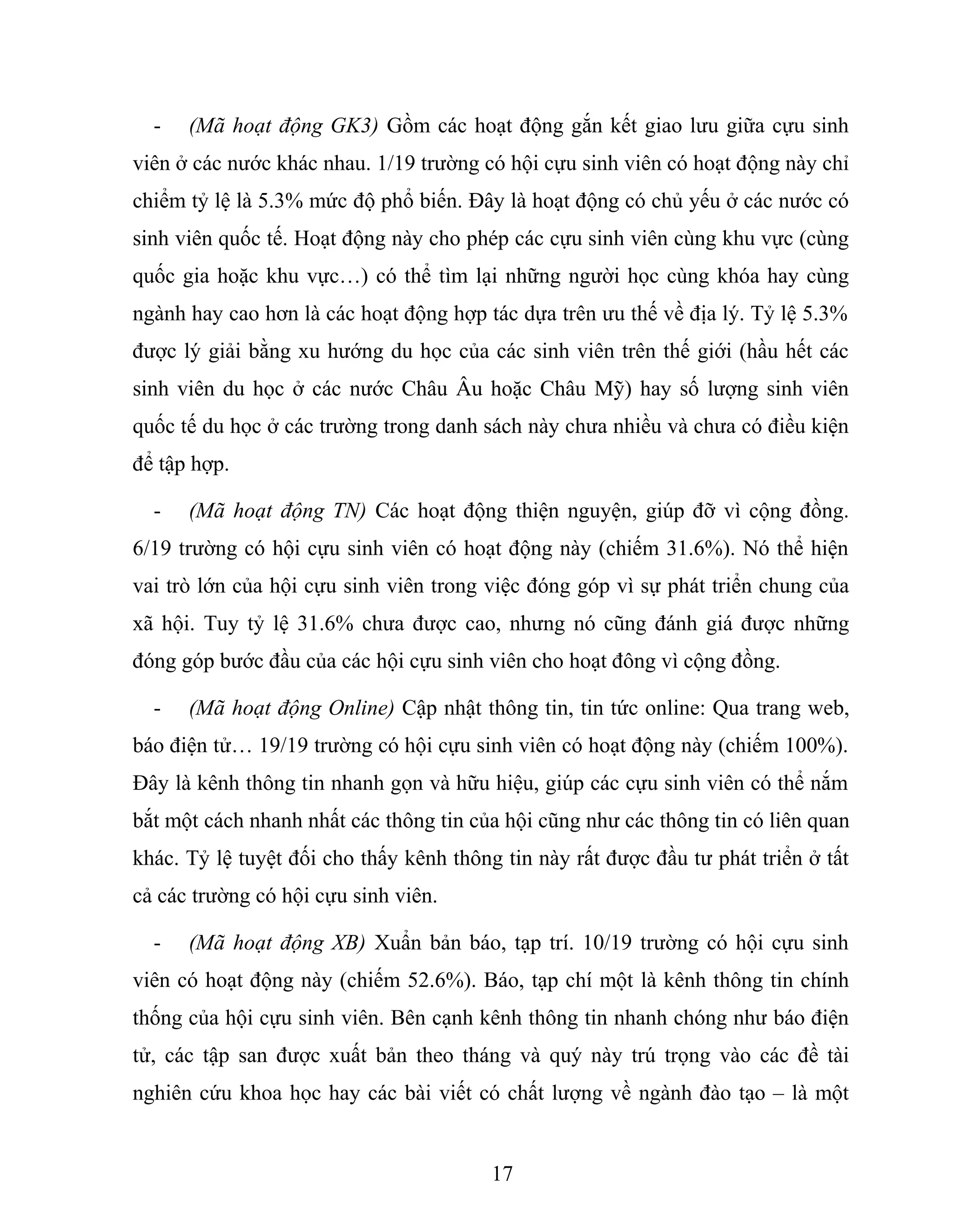 - (Mã hoạt động GK3) Gồm các hoạt động gắn kết giao lưu giữa cựu sinh
viên ở các nước khác nhau. 1/19 trường có hội cựu sinh viên có hoạt động này chỉ
chiểm tỷ lệ là 5.3% mức độ phổ biến. Đây là hoạt động có chủ yếu ở các nước có
sinh viên quốc tế. Hoạt động này cho phép các cựu sinh viên cùng khu vực (cùng
quốc gia hoặc khu vực…) có thể tìm lại những người học cùng khóa hay cùng
ngành hay cao hơn là các hoạt động hợp tác dựa trên ưu thế về địa lý. Tỷ lệ 5.3%
được lý giải bằng xu hướng du học của các sinh viên trên thế giới (hầu hết các
sinh viên du học ở các nước Châu Âu hoặc Châu Mỹ) hay số lượng sinh viên
quốc tế du học ở các trường trong danh sách này chưa nhiều và chưa có điều kiện
để tập hợp.
- (Mã hoạt động TN) Các hoạt động thiện nguyện, giúp đỡ vì cộng đồng.
6/19 trường có hội cựu sinh viên có hoạt động này (chiếm 31.6%). Nó thể hiện
vai trò lớn của hội cựu sinh viên trong việc đóng góp vì sự phát triển chung của
xã hội. Tuy tỷ lệ 31.6% chưa được cao, nhưng nó cũng đánh giá được những
đóng góp bước đầu của các hội cựu sinh viên cho hoạt đông vì cộng đồng.
- (Mã hoạt động Online) Cập nhật thông tin, tin tức online: Qua trang web,
báo điện tử… 19/19 trường có hội cựu sinh viên có hoạt động này (chiếm 100%).
Đây là kênh thông tin nhanh gọn và hữu hiệu, giúp các cựu sinh viên có thể nắm
bắt một cách nhanh nhất các thông tin của hội cũng như các thông tin có liên quan
khác. Tỷ lệ tuyệt đối cho thấy kênh thông tin này rất được đầu tư phát triển ở tất
cả các trường có hội cựu sinh viên.
- (Mã hoạt động XB) Xuẩn bản báo, tạp trí. 10/19 trường có hội cựu sinh
viên có hoạt động này (chiếm 52.6%). Báo, tạp chí một là kênh thông tin chính
thống của hội cựu sinh viên. Bên cạnh kênh thông tin nhanh chóng như báo điện
tử, các tập san được xuất bản theo tháng và quý này trú trọng vào các đề tài
nghiên cứu khoa học hay các bài viết có chất lượng về ngành đào tạo – là một
17
 