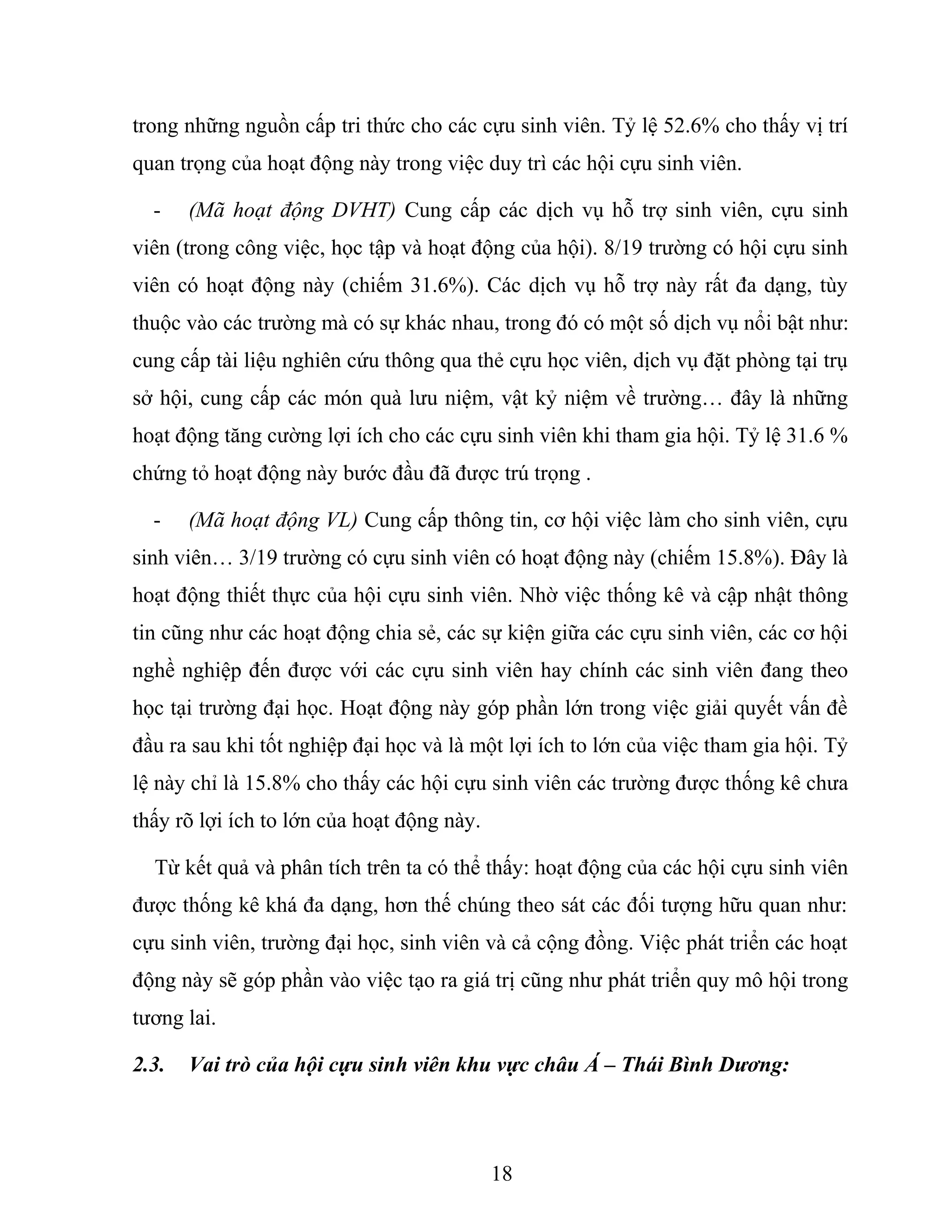trong những nguồn cấp tri thức cho các cựu sinh viên. Tỷ lệ 52.6% cho thấy vị trí
quan trọng của hoạt động này trong việc duy trì các hội cựu sinh viên.
- (Mã hoạt động DVHT) Cung cấp các dịch vụ hỗ trợ sinh viên, cựu sinh
viên (trong công việc, học tập và hoạt động của hội). 8/19 trường có hội cựu sinh
viên có hoạt động này (chiếm 31.6%). Các dịch vụ hỗ trợ này rất đa dạng, tùy
thuộc vào các trường mà có sự khác nhau, trong đó có một số dịch vụ nổi bật như:
cung cấp tài liệu nghiên cứu thông qua thẻ cựu học viên, dịch vụ đặt phòng tại trụ
sở hội, cung cấp các món quà lưu niệm, vật kỷ niệm về trường… đây là những
hoạt động tăng cường lợi ích cho các cựu sinh viên khi tham gia hội. Tỷ lệ 31.6 %
chứng tỏ hoạt động này bước đầu đã được trú trọng .
- (Mã hoạt động VL) Cung cấp thông tin, cơ hội việc làm cho sinh viên, cựu
sinh viên… 3/19 trường có cựu sinh viên có hoạt động này (chiếm 15.8%). Đây là
hoạt động thiết thực của hội cựu sinh viên. Nhờ việc thống kê và cập nhật thông
tin cũng như các hoạt động chia sẻ, các sự kiện giữa các cựu sinh viên, các cơ hội
nghề nghiệp đến được với các cựu sinh viên hay chính các sinh viên đang theo
học tại trường đại học. Hoạt động này góp phần lớn trong việc giải quyết vấn đề
đầu ra sau khi tốt nghiệp đại học và là một lợi ích to lớn của việc tham gia hội. Tỷ
lệ này chỉ là 15.8% cho thấy các hội cựu sinh viên các trường được thống kê chưa
thấy rõ lợi ích to lớn của hoạt động này.
Từ kết quả và phân tích trên ta có thể thấy: hoạt động của các hội cựu sinh viên
được thống kê khá đa dạng, hơn thế chúng theo sát các đối tượng hữu quan như:
cựu sinh viên, trường đại học, sinh viên và cả cộng đồng. Việc phát triển các hoạt
động này sẽ góp phần vào việc tạo ra giá trị cũng như phát triển quy mô hội trong
tương lai.
2.3. Vai trò của hội cựu sinh viên khu vực châu Á – Thái Bình Dương:
18
 