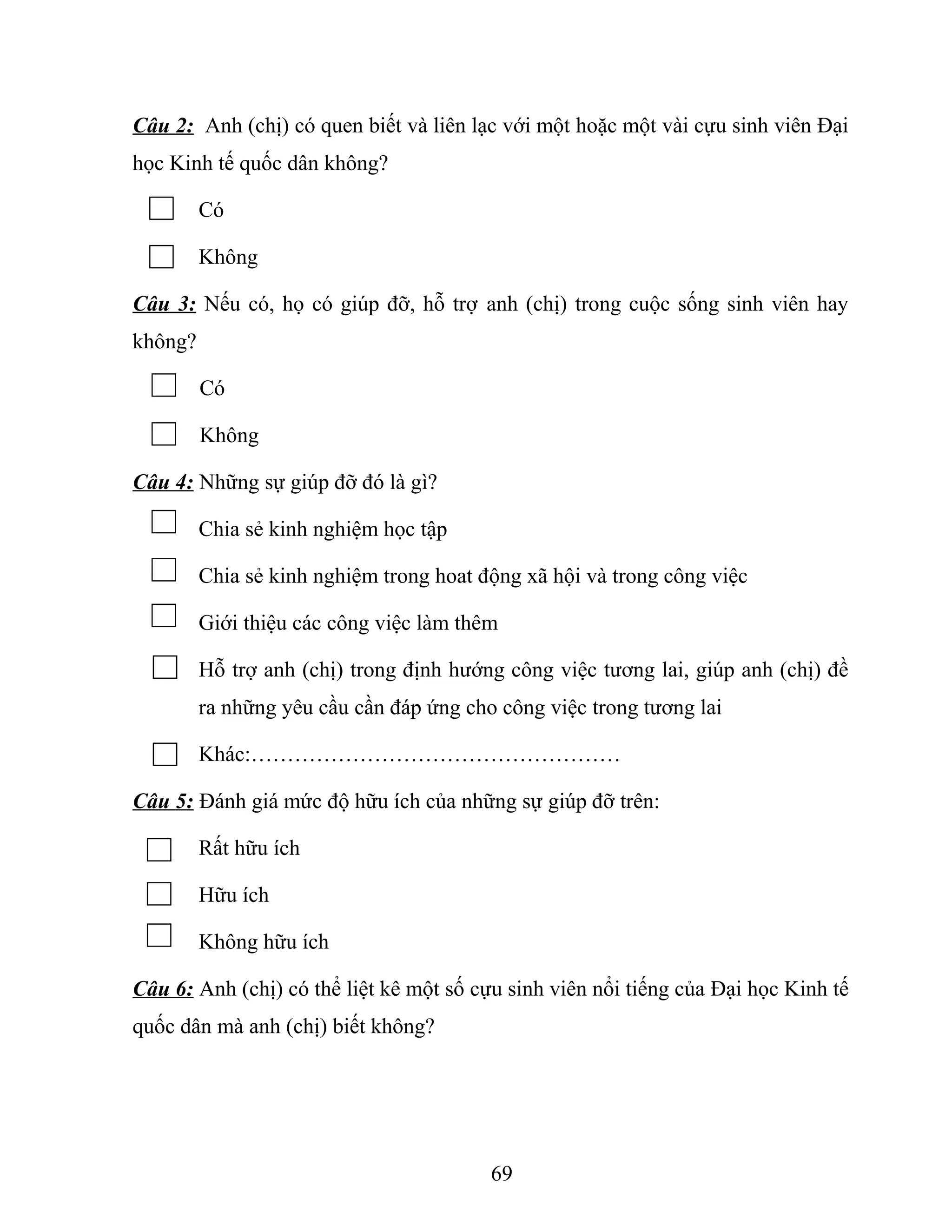 Câu 2: Anh (chị) có quen biết và liên lạc với một hoặc một vài cựu sinh viên Đại
học Kinh tế quốc dân không?
Có
Không
Câu 3: Nếu có, họ có giúp đỡ, hỗ trợ anh (chị) trong cuộc sống sinh viên hay
không?
Có
Không
Câu 4: Những sự giúp đỡ đó là gì?
Chia sẻ kinh nghiệm học tập
Chia sẻ kinh nghiệm trong hoat động xã hội và trong công việc
Giới thiệu các công việc làm thêm
Hỗ trợ anh (chị) trong định hướng công việc tương lai, giúp anh (chị) đề
ra những yêu cầu cần đáp ứng cho công việc trong tương lai
Khác:……………………………………………
Câu 5: Đánh giá mức độ hữu ích của những sự giúp đỡ trên:
Rất hữu ích
Hữu ích
Không hữu ích
Câu 6: Anh (chị) có thể liệt kê một số cựu sinh viên nổi tiếng của Đại học Kinh tế
quốc dân mà anh (chị) biết không?
69
 