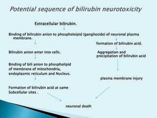 Extracellular bilirubin.
Binding of bilirubin anion to phospholoipid (ganglioside) of neuronal plasma
membrane.
formation of bilirubin acid.
Bilirubin anion enter into cells. Aggregation and
precipitation of bilirubin acid
Binding of bili anion to phospholipid
of membrane of mitochondria,
endoplasmic reticulum and Nucleus.
plasma membrane injury
Formation of bilirubin acid at same
Subcellular sites .
neuronal death
 
