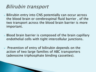  Bilirubin entry into CNS potentially can occur across
the blood brain or cerebrospinal fluid barrier , of the
two transport across the blood brain barrier is more
important.
 Blood brain barrier is composed of the brain capillary
endothelial cells with tight intercellular junctions.
 Prevention of entry of bilirubin depends on the
action of two large families of ABC transporters
(adenosine triphosphate binding cassettes).
 