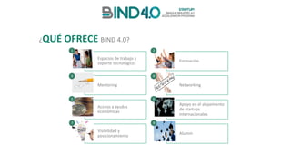 ¿QUÉ	OFRECE	BIND	4.0?
Espacios	de	trabajo	y	
soporte	tecnológico
Formación
Mentoring Networking
Acceso	a	ayudas	
económicas
Apoyo	en	el	alojamiento				
de	startups
internacionales
Visibilidad	y	
posicionamiento
Alumni
1
3
5
7
2
4
6
8
 