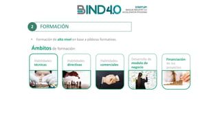 • Formación	de	alto	nivel	en	base	a	píldoras	formativas.
Habilidades	
técnicas
Habilidades	
directivas
Habilidades	
comerciales
Desarrollo	de	
modelo	de	
negocio
Financiación	
de	los	
proyectos
Ámbitos de	formación:
FORMACIÓN2
 