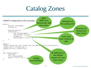 © Men & Mice http://menandmice.com
Catalog Zones
• BIND 9 configuration on the secondary
options { 
directory "/etc/namedb"; 
recursion no; 
 
allow-new-zones yes; 
catalog-zones { 
zone "catalog.example" 
zone-directory "cat-zones" 
in-memory no 
default-masters { 172.22.1.196; }; 
}; 
};
logging { 
channel transfer-log { file "transfer.log" size 200M versions 10; print-time yes; }; 
category xfer-in { transfer-log; }; 
category xfer-out { transfer-log; }; 
}; 
 
zone "catalog.example" { 
type slave; 
file "catalog.example"; 
masters { 172.22.1.196; }; 
};
18
allow
BIND 9 to
dynamically add
new zones
definition of
the catalog zone
directory for
storing new
slave zones
IP addresses of
the default
masters for new
slave zones
write slave
zone contents to
disk
catalog
zone definition
 