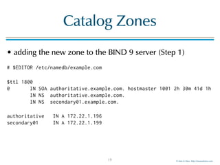 © Men & Mice http://menandmice.com
Catalog Zones
• adding the new zone to the BIND 9 server (Step 1)
# $EDITOR /etc/namedb/example.com
$ttl 1800 
@ IN SOA authoritative.example.com. hostmaster 1001 2h 30m 41d 1h 
IN NS authoritative.example.com. 
IN NS secondary01.example.com.
authoritative IN A 172.22.1.196 
secondary01 IN A 172.22.1.199
19
 