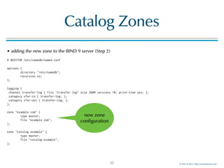 © Men & Mice http://menandmice.com
Catalog Zones
• adding the new zone to the BIND 9 server (Step 2)
# $EDITOR /etc/namedb/named.conf
options { 
directory "/etc/namedb"; 
recursion no; 
};
logging { 
channel transfer-log { file "transfer.log" size 200M versions 10; print-time yes; }; 
category xfer-in { transfer-log; }; 
category xfer-out { transfer-log; }; 
}; 
 
zone "example.com" { 
type master; 
file "example.com"; 
}; 
 
zone "catalog.example" { 
type master; 
file "catalog.example"; 
};
20
new zone
configuration
 