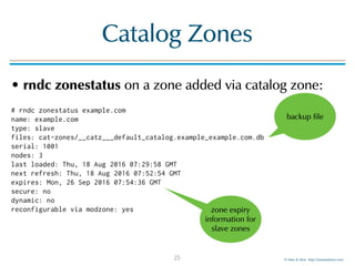 © Men & Mice http://menandmice.com
Catalog Zones
• rndc zonestatus on a zone added via catalog zone:
# rndc zonestatus example.com 
name: example.com 
type: slave 
files: cat-zones/__catz___default_catalog.example_example.com.db 
serial: 1001 
nodes: 3 
last loaded: Thu, 18 Aug 2016 07:29:58 GMT 
next refresh: Thu, 18 Aug 2016 07:52:54 GMT 
expires: Mon, 26 Sep 2016 07:54:36 GMT 
secure: no 
dynamic: no 
reconfigurable via modzone: yes
25
zone expiry
information for
slave zones
backup file
 