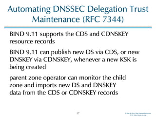 © Men & Mice http://menandmice.com  
© ISC http://www.isc.org
Automating DNSSEC Delegation Trust
Maintenance (RFC 7344)
BIND 9.11 supports the CDS and CDNSKEY
resource records
BIND 9.11 can publish new DS via CDS, or new
DNSKEY via CDNSKEY, whenever a new KSK is
being created
parent zone operator can monitor the child 
zone and imports new DS and DNSKEY  
data from the CDS or CDNSKEY records
37
 