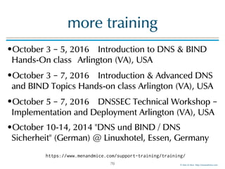 © Men & Mice http://menandmice.com
more training
•October 3 – 5, 2016 Introduction to DNS & BIND
Hands-On class Arlington (VA), USA
•October 3 – 7, 2016 Introduction & Advanced DNS
and BIND Topics Hands-on class Arlington (VA), USA
•October 5 – 7, 2016 DNSSEC Technical Workshop –
Implementation and Deployment Arlington (VA), USA
•October 10-14, 2014 "DNS und BIND / DNS
Sicherheit" (German) @ Linuxhotel, Essen, Germany
70
https://www.menandmice.com/support-training/training/
 