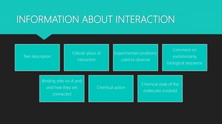INFORMATION ABOUT INTERACTION
Text description
Cellular place of
interaction
Experimental conditions
used to observe
Comment on
evolutionarily
biological sequence
Binding sites on A and
and how they are
connected
Chemical action
Chemical state of the
molecules involved
 