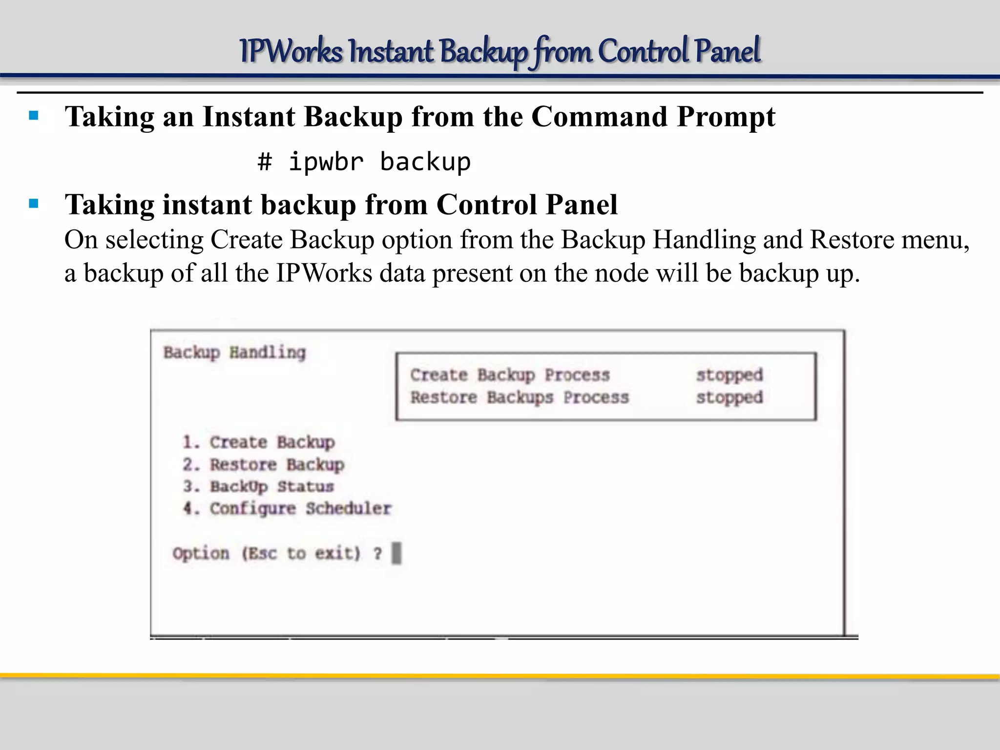 IPWorks Instant Backup fromControl Panel
 Taking an Instant Backup from the Command Prompt
# ipwbr backup
 Taking instant backup from Control Panel
On selecting Create Backup option from the Backup Handling and Restore menu,
a backup of all the IPWorks data present on the node will be backup up.
 