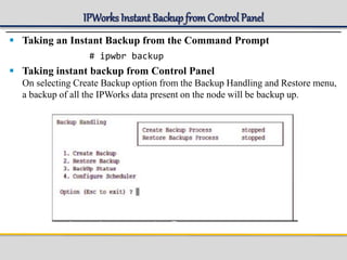 IPWorks Instant Backup fromControl Panel
 Taking an Instant Backup from the Command Prompt
# ipwbr backup
 Taking instant backup from Control Panel
On selecting Create Backup option from the Backup Handling and Restore menu,
a backup of all the IPWorks data present on the node will be backup up.
 