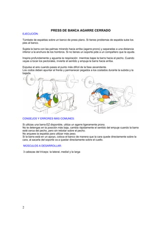 PRESS DE BANCA AGARRE CERRADO
EJECUCIÓN:

Túmbate de espaldas sobre un banco de press plano. Si tienes problemas de espalda sube los
pies al banco.

Sujeta la barra con las palmas mirando hacia arriba (agarre prono) y separadas a una distancia
inferior a la anchura de los hombros. Si no tienes un soporte pide a un compañero que te ayude.

Inspira profundamente y aguanta la respiración mientras bajas la barra hacia el pecho. Cuando
vayas a tocar los pectorales, invierte el sentido y empuja la barra hacia arriba.

Expulsa el aire cuando pases el punto más difícil de la fase ascendente.
Los codos deben apuntar al frente y permanecer pegados a los costados durante la subida y la
bajada.




CONSEJOS Y ERRORES MÁS COMUNES:

Si utilizas una barra EZ disponible, utiliza un agarre ligeramente prono.
No te detengas en la posición más baja, cambia rápidamente el sentido del empuje cuando la barra
esté cerca del pecho, pero sin rebotar sobre el pecho.
No arquees la espalda para utilizar más peso.
Si la barra está en un apoyo, coloca el banco de manera que la cara quede directamente sobre la
cara, al sacarla del soporte va a quedar directamente sobre el cuello.

MÚSCULOS A DESARROLLAR:

3 cabezas del tríceps: la lateral, medial y la larga




2
 