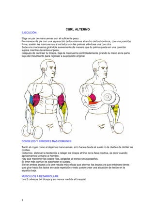 CURL ALTERNO
EJECUCIÓN:

Elige un par de mancuernas con el suficiente peso.
Permanece de pie con una separación de los mismos al ancho de los hombros, con una posición
firme, sostén las mancuernas a los lados con las palmas viéndose una con otra.
Sube una mancuerna girándola suavemente de manera que tu palma quede en una posición
supina mientras levantas el peso,
Después de contraer tu bíceps, baja la mancuerna controladamente girando tu mano en la parte
baja del movimiento para regresar a su posición original.




CONSEJOS Y ERRORES MÁS COMUNES:

Tanto al coger como al dejar las mancuernas, si lo haces desde el suelo no te olvides de doblar las
rodillas.
Debemos eliminar la tendencia a relajar los bíceps al final de la fase positiva, es decir cuando
aproximamos la mano al hombro.
Hay que mantener los codos fijos, pegados al tronco sin avanzarlos.
El error más común es balancear el cuerpo.
Elevar ambos brazos a la vez resulta más eficaz que alternar los brazos ya que entonces tienes
que girar hacia los lados en cada repetición y esto puede crear una situación de lesión en la
espalda baja.

MÚSCULOS A DESARROLLAR:
Las 2 cabezas del bíceps y en menos medida el braquial.




8
 