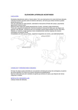ELEVACION LATERALES ACOSTASDO
EJECUCIÓN:

Acostados lateralmente sobre un banco plano. Con una mancuerna en la mano del brazo elevado,
colocad el hombro opuesto sobre el extremo del banco, de forma que ambos hombros queden
perpendiculares a él.
Una vez colocados en esta posición, extended la mancuerna al frente del cuerpo y apuntando
ligeramente hacia el suelo.
Elevad el peso hasta que quede perpendicular al suelo, contraed y bajar lentamente.
Toma aire y aguanta la respiración mientras levantas la mancuerna hasta que casi llegue a la
posición más elevada.. Expulsa el aire con suavidad cuando hayas pasado el punto más difícil.
Detente un instante y luego expulsa el aire completamente mientras regresas de manera
controlada a la posición inicial.
Completada una serie con un brazo , haremos la siguiente con el otro, y así alternativamente.




CONSEJOS Y ERRORES MÁS COMUNES:

El brazo de abajo queda extendido en una posición cómoda para actuar de contrapeso y la pierna
de arriba estirada y en línea con el banco actuando de estabilizadora.
Ejercicio adecuado para dar variedad a la gente que entrena en casa y que dispone de menos
máquinas o medios.

MÚSCULOS A DESARROLLAR:
Cabeza media del deltoides.




9
 