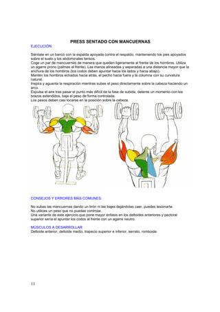 PRESS SENTADO CON MANCUERNAS
EJECUCIÓN:

Siéntate en un banco con la espalda apoyada contra el respaldo, manteniendo los pies apoyados
sobre el suelo y los abdominales tensos.
Coge un par de mancuernas de manera que queden ligeramente al frente de los hombros. Utiliza
un agarre prono (palmas al frente). Las manos alineadas y separadas a una distancia mayor que la
anchura de los hombros (los codos deben apuntar hacia los lados y hacia abajo).
Mantén los hombros echados hacia atrás, el pecho hacia fuera y la columna con su curvatura
natural.
Inspira y aguanta la respiración mientras subes el peso directamente sobre la cabeza haciendo un
arco.
Expulsa el aire tras pasar el punto más difícil de la fase de subida, detente un momento con los
brazos extendidos, baja el peso de forma controlada.
Los pesos deben casi tocarse en la posición sobre la cabeza.




CONSEJOS Y ERRORES MÁS COMUNES:

No subas las mancuernas dando un tirón ni las bajes dejándolas caer, puedes lesionarte.
No utilices un peso que no puedas controlar.
Una variante de este ejercicio que pone mayor énfasis en los deltoides anteriores y pectoral
superior sería el apuntar los codos al frente con un agarre neutro.

MÚSCULOS A DESARROLLAR:
Deltoide anterior, deltoide medio, trapecio superior e inferior, serrato, romboide.




11
 