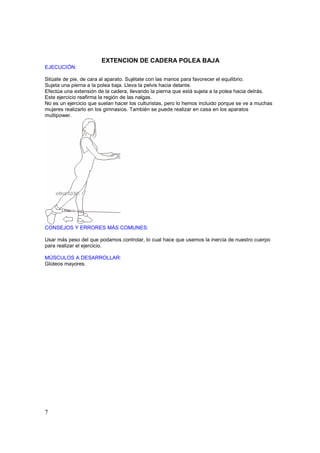 EXTENCION DE CADERA POLEA BAJA
EJECUCIÓN:

Sitúate de pie, de cara al aparato. Sujétate con las manos para favorecer el equilibrio.
Sujeta una pierna a la polea baja. Lleva la pelvis hacia delante.
Efectúa una extensión de la cadera, llevando la pierna que está sujeta a la polea hacia detrás.
Este ejercicio reafirma la región de las nalgas.
No es un ejercicio que suelan hacer los culturistas, pero lo hemos incluido porque se ve a muchas
mujeres realizarlo en los gimnasios. También se puede realizar en casa en los aparatos
multipower.




CONSEJOS Y ERRORES MÁS COMUNES:

Usar más peso del que podamos controlar, lo cual hace que usemos la inercia de nuestro cuerpo
para realizar el ejercicio.

MÚSCULOS A DESARROLLAR:
Glúteos mayores.




7
 
