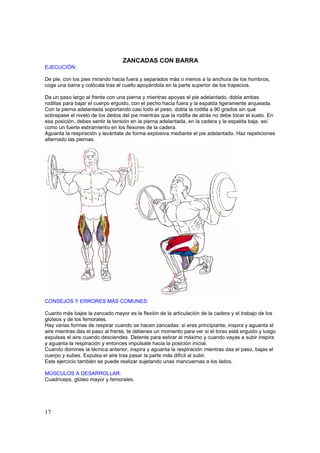 ZANCADAS CON BARRA
EJECUCIÓN:

De pie, con los pies mirando hacia fuera y separados más o menos a la anchura de los hombros,
coge una barra y colócala tras el cuello apoyándola en la parte superior de los trapecios.

Da un paso largo al frente con una pierna y mientras apoyas el pie adelantado, dobla ambas
rodillas para bajar el cuerpo erguido, con el pecho hacia fuera y la espalda ligeramente arqueada.
Con la pierna adelantada soportando casi todo el peso, dobla la rodilla a 90 grados sin que
sobrepase el nivelo de los dedos del pie mientras que la rodilla de atrás no debe tocar el suelo. En
esa posición, debes sentir la tensión en la pierna adelantada, en la cadera y la espalda baja, así
como un fuerte estiramiento en los flexores de la cadera.
Aguanta la respiración y levántate de forma explosiva mediante el pie adelantado. Haz repeticiones
alternado las piernas.




CONSEJOS Y ERRORES MÁS COMUNES:

Cuanto más bajes la zancado mayor es la flexión de la articulación de la cadera y el trabajo de los
glúteos y de los femorales.
Hay varias formas de respirar cuando se hacen zancadas: si eres principiante, inspira y aguanta el
aire mientras das el paso al frente, te detienes un momento para ver si el torso está erguido y luego
expulsas el aire cuando desciendes. Detente para estirar al máximo y cuando vayas a subir inspira
y aguanta la respiración y entonces impúlsate hacia la posición inicial.
Cuando domines la técnica anterior, inspira y aguanta la respiración mientras das el paso, bajas el
cuerpo y subes. Expulsa el aire tras pasar la parte más difícil al subir.
Este ejercicio también se puede realizar sujetando unas mancuernas a los lados.

MÚSCULOS A DESARROLLAR:
Cuadriceps, glúteo mayor y femorales.




17
 