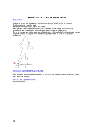 ABDUCCION DE CADERA EN POLEA BAJA
EJECUCIÓN:

Sitúate de pie, de lado del aparato. Sujétate con una mano para favorecer el equilibrio.
Sujeta una pierna a la polea baja.
Eleva lateralmente la pierna lo más alto posible.
Este ejercicio trabaja principalmente el glúteo medio y el glúteo menor, situado a mayor
profundidad. Para trabajar más eficazmente en preferible realizar series largas.
No es un ejercicio que suelan hacer los culturistas, pero lo hemos incluido porque se ve a muchas
mujeres realizarlo en los gimnasios. También se puede realizar en casa en los aparatos
multipower.




CONSEJOS Y ERRORES MÁS COMUNES:

Usar más peso del que podamos controlar, lo cual hace que usemos la inercia de nuestro cuerpo
para realizar el ejercicio.

MÚSCULOS A DESARROLLAR:
Glúteos mayores.




21
 