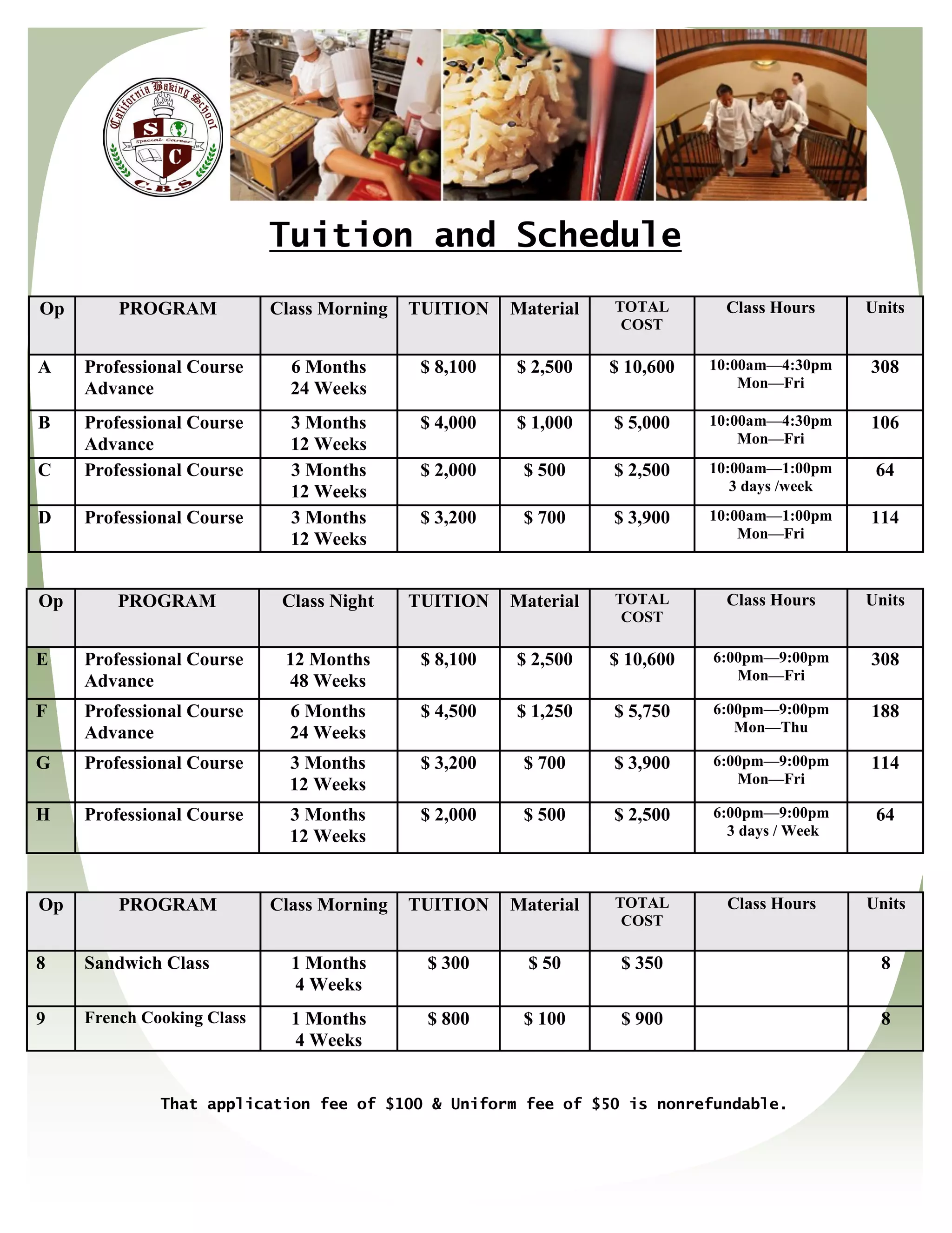 Tuition and Schedule
Op       PROGRAM            Class Morning   TUITION    Material   TOTAL        Class Hours     Units
                                                                   COST

A    Professional Course      6 Months       $ 8,100   $ 2,500    $ 10,600   10:00am—4:30pm    308
     Advance                  24 Weeks                                           Mon—Fri

B    Professional Course      3 Months       $ 4,000   $ 1,000    $ 5,000    10:00am—4:30pm    106
     Advance                  12 Weeks                                           Mon—Fri

C    Professional Course      3 Months       $ 2,000    $ 500     $ 2,500    10:00am—1:00pm     64
                              12 Weeks                                          3 days /week

D    Professional Course      3 Months       $ 3,200    $ 700     $ 3,900    10:00am—1:00pm    114
                              12 Weeks                                           Mon—Fri



Op       PROGRAM             Class Night    TUITION    Material   TOTAL        Class Hours     Units
                                                                   COST

E    Professional Course     12 Months       $ 8,100   $ 2,500    $ 10,600   6:00pm—9:00pm     308
     Advance                 48 Weeks                                           Mon—Fri

F    Professional Course      6 Months       $ 4,500   $ 1,250    $ 5,750    6:00pm—9:00pm     188
     Advance                  24 Weeks                                          Mon—Thu

G    Professional Course      3 Months       $ 3,200    $ 700     $ 3,900    6:00pm—9:00pm     114
                              12 Weeks                                          Mon—Fri

H    Professional Course      3 Months       $ 2,000    $ 500     $ 2,500    6:00pm—9:00pm      64
                              12 Weeks                                         3 days / Week



Op       PROGRAM            Class Morning   TUITION    Material   TOTAL        Class Hours     Units
                                                                   COST

8    Sandwich Class           1 Months       $ 300       $ 50      $ 350                         8
                              4 Weeks
9    French Cooking Class     1 Months       $ 800      $ 100      $ 900                         8
                              4 Weeks


              That application fee of $100 & Uniform fee of $50 is nonrefundable.
 