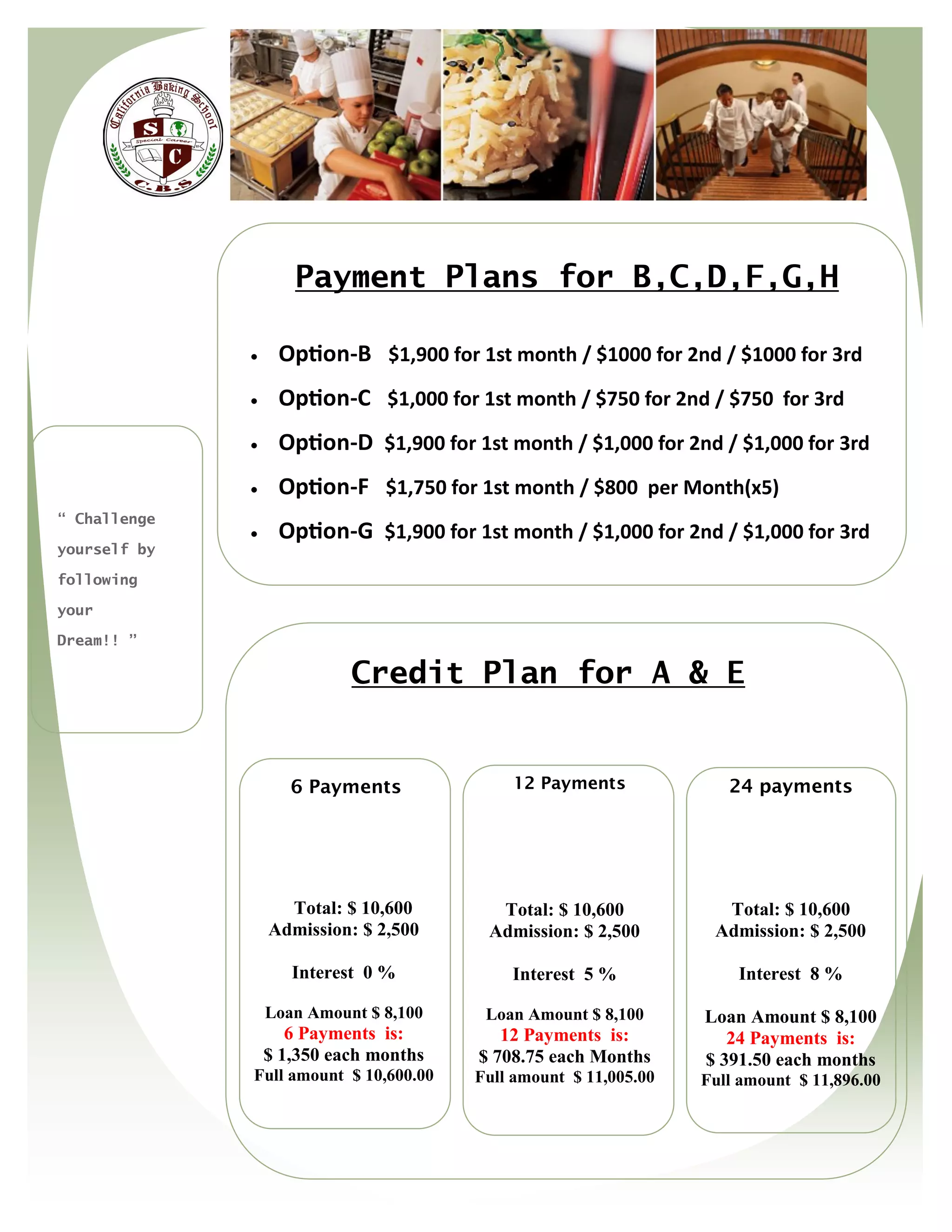 Payment Plans for B,C,D,F,G,H

                  Option-B $1,900 for 1st month / $1000 for 2nd / $1000 for 3rd
                  Option-C $1,000 for 1st month / $750 for 2nd / $750 for 3rd
                  Option-D $1,900 for 1st month / $1,000 for 2nd / $1,000 for 3rd
                  Option-F $1,750 for 1st month / $800 per Month(x5)
“ Challenge
                  Option-G $1,900 for 1st month / $1,000 for 2nd / $1,000 for 3rd
yourself by

following

your

Dream!! ”

                            Credit Plan for A & E


                     6 Payments             12 Payments              24 payments




                    Total: $ 10,600       Total: $ 10,600           Total: $ 10,600
                  Admission: $ 2,500     Admission: $ 2,500        Admission: $ 2,500

                     Interest 0 %           Interest 5 %              Interest 8 %

                  Loan Amount $ 8,100    Loan Amount $ 8,100      Loan Amount $ 8,100
                     6 Payments is:        12 Payments is:           24 Payments is:
                  $ 1,350 each months   $ 708.75 each Months      $ 391.50 each months
              Full amount $ 10,600.00   Full amount $ 11,005.00   Full amount $ 11,896.00
 