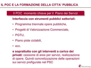 IL POC E LA FORMAZIONE DELLA CITTA’ PUBBLICA

       Il POC momento chiave per ilil Piano dei Servizi
        Il POC momento chiave per Piano dei Servizi
      Interfaccia con strumenti pubblici settoriali:
      • Programma triennale opere pubbliche,
      • Progetti di Valorizzazione Commerciale,
      • PGTU,
      • Piano piste ciclabili,
      • ecc.
      e soprattutto con gli interventi a carico dei
      privati: cessione di aree per servizi, realizzazione
      di opere. Quindi concretizzazione delle operazioni
      sui servizi prefigurate nel PSC
 