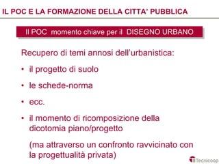IL POC E LA FORMAZIONE DELLA CITTA’ PUBBLICA

     Il POC momento chiave per ilil DISEGNO URBANO
      Il POC momento chiave per DISEGNO URBANO

    Recupero di temi annosi dell’urbanistica:
    • il progetto di suolo
    • le schede-norma
    • ecc.
    • il momento di ricomposizione della
      dicotomia piano/progetto
      (ma attraverso un confronto ravvicinato con
      la progettualità privata)
 