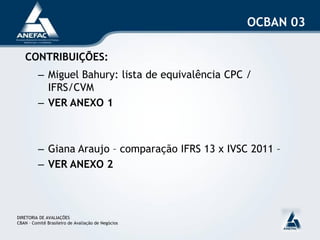 OCBAN 03

   CONTRIBUIÇÕES:
          – Miguel Bahury: lista de equivalência CPC /
            IFRS/CVM
          – VER ANEXO 1



          – Giana Araujo – comparação IFRS 13 x IVSC 2011 –
          – VER ANEXO 2



DIRETORIA DE AVALIAÇÕES
CBAN – Comitê Brasileiro de Avaliação de Negócios
 