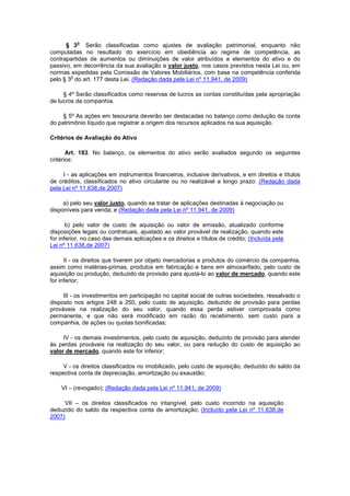 o
      § 3 Serão classificadas como ajustes de avaliação patrimonial, enquanto não
computadas no resultado do exercício em obediência ao regime de competência, as
contrapartidas de aumentos ou diminuições de valor atribuídos a elementos do ativo e do
passivo, em decorrência da sua avaliação a valor justo, nos casos previstos nesta Lei ou, em
normas expedidas pela Comissão de Valores Mobiliários, com base na competência conferida
        o
pelo § 3 do art. 177 desta Lei. (Redação dada pela Lei nº 11.941, de 2009)

     § 4º Serão classificados como reservas de lucros as contas constituídas pela apropriação
de lucros da companhia.

     § 5º As ações em tesouraria deverão ser destacadas no balanço como dedução da conta
do patrimônio líquido que registrar a origem dos recursos aplicados na sua aquisição.

Critérios de Avaliação do Ativo

       Art. 183. No balanço, os elementos do ativo serão avaliados segundo os seguintes
critérios:

     I - as aplicações em instrumentos financeiros, inclusive derivativos, e em direitos e títulos
de créditos, classificados no ativo circulante ou no realizável a longo prazo: (Redação dada
pela Lei nº 11.638,de 2007)

     a) pelo seu valor justo, quando se tratar de aplicações destinadas à negociação ou
disponíveis para venda; e (Redação dada pela Lei nº 11.941, de 2009)

       b) pelo valor de custo de aquisição ou valor de emissão, atualizado conforme
disposições legais ou contratuais, ajustado ao valor provável de realização, quando este
for inferior, no caso das demais aplicações e os direitos e títulos de crédito; (Incluída pela
Lei nº 11.638,de 2007)

      II - os direitos que tiverem por objeto mercadorias e produtos do comércio da companhia,
assim como matérias-primas, produtos em fabricação e bens em almoxarifado, pelo custo de
aquisição ou produção, deduzido de provisão para ajustá-lo ao valor de mercado, quando este
for inferior;

     III - os investimentos em participação no capital social de outras sociedades, ressalvado o
disposto nos artigos 248 a 250, pelo custo de aquisição, deduzido de provisão para perdas
prováveis na realização do seu valor, quando essa perda estiver comprovada como
permanente, e que não será modificado em razão do recebimento, sem custo para a
companhia, de ações ou quotas bonificadas;

     IV - os demais investimentos, pelo custo de aquisição, deduzido de provisão para atender
às perdas prováveis na realização do seu valor, ou para redução do custo de aquisição ao
valor de mercado, quando este for inferior;

     V - os direitos classificados no imobilizado, pelo custo de aquisição, deduzido do saldo da
respectiva conta de depreciação, amortização ou exaustão;

    VI – (revogado); (Redação dada pela Lei nº 11.941, de 2009)

     VII – os direitos classificados no intangível, pelo custo incorrido na aquisição
deduzido do saldo da respectiva conta de amortização; (Incluído pela Lei nº 11.638,de
2007)
 