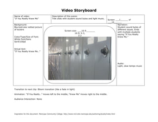 Video Storyboard
Name of video:                               Description of this scene:
“If You Really Knew Me”                      Title slide with student sound bytes and light music.
                                                                                                               Screen ___1______ of
                                                                                                               ___10______
Background:                                                                                                             Narration:
Blurred/color edited picture                                                                                            Student sound bytes of
of lockers                                                                                                              different issues. Ends
                                                           Screen size: ___16:9_______
                                                                                                                        with multiple students
                                                                     16:9, 4:3,
                                                                                                                        saying “If You Really
                                                                        3:2
Color/Type/Size of Font:                                                                                                Knew Me.”
White Font/Sans
Serif/100pt


Actual text:
“If You Really Knew Me…”




                                                                                                                           Audio:
                                                                                                                           Light, slow tempo music




Transition to next clip: Bloom transition (like a fade in light)

Animation: “If You Really…” moves left to the middle, “Knew Me” moves right to the middle.

Audience Interaction: None




Inspiration for this document: Maricopa Community College. http://www.mcli.dist.maricopa.edu/authoring/studio/index.html
 